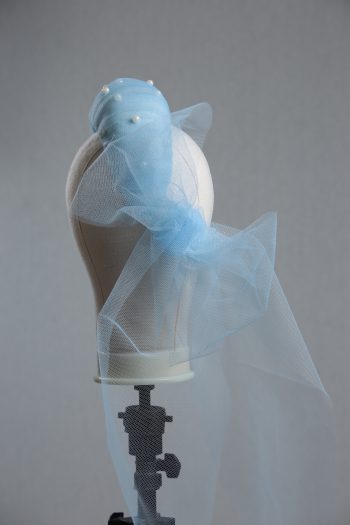 Ladies wedding or races baby blue tulle headband with pearls and bow fascinator