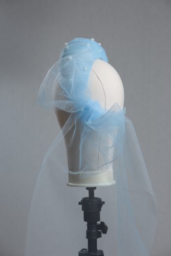 Ladies wedding or races baby blue tulle headband with pearls and bow fascinator