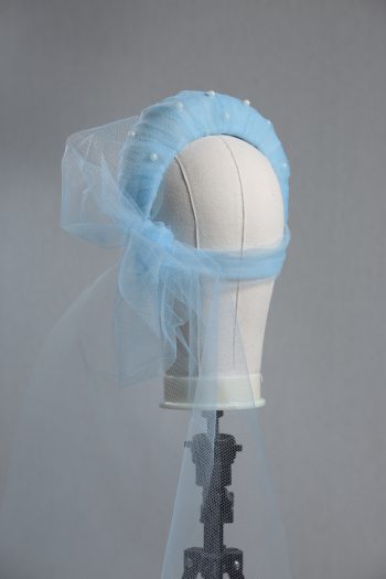 Ladies wedding or races baby blue tulle headband with pearls and bow fascinator