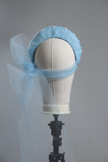 Ladies wedding or races baby blue tulle headband with pearls and bow fascinator