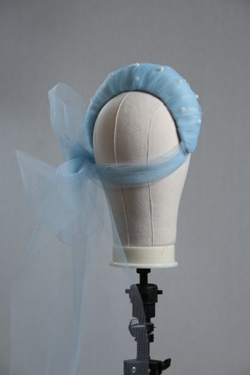 Ladies wedding or races baby blue tulle headband with pearls and bow fascinator