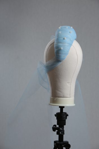 Ladies wedding or races baby blue tulle headband with pearls and bow fascinator