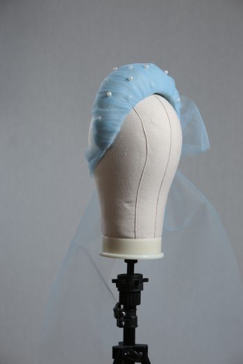 Ladies wedding or races baby blue tulle headband with pearls and bow fascinator