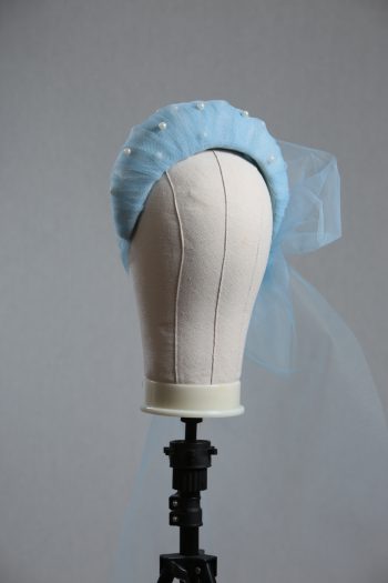 Ladies wedding or races baby blue tulle headband with pearls and bow fascinator