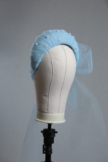 Ladies wedding or races baby blue tulle headband with pearls and bow fascinator