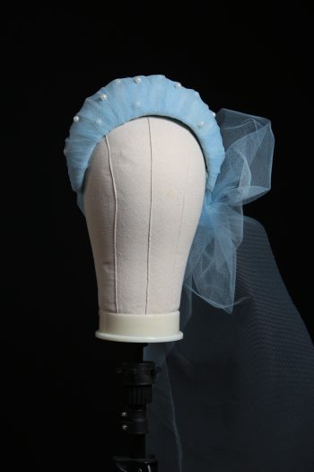 Ladies wedding or races baby blue tulle headband with pearls and bow fascinator