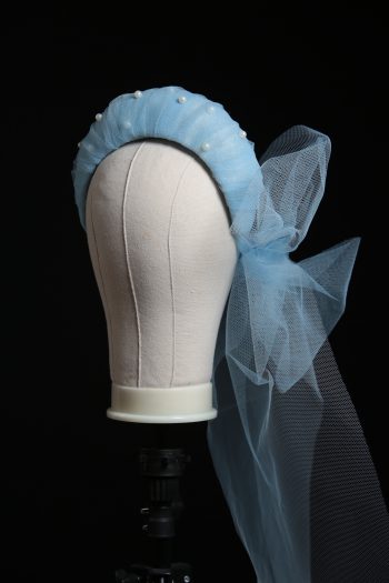 Ladies wedding or races baby blue tulle headband with pearls and bow fascinator