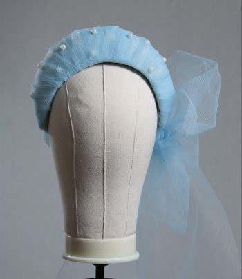 Ladies wedding or races baby blue tulle headband with pearls and bow fascinator