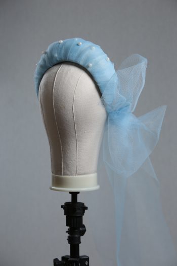 Ladies wedding or races baby blue tulle headband with pearls and bow fascinator