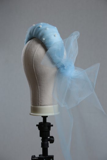 Ladies wedding or races baby blue tulle headband with pearls and bow fascinator