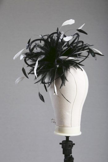 Ladies formal black and white medium feather and satin loop fascinator hat. Suitable for a wedding or ladies day at the races