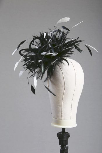 Ladies formal black and white medium feather and satin loop fascinator hat. Suitable for a wedding or ladies day at the races