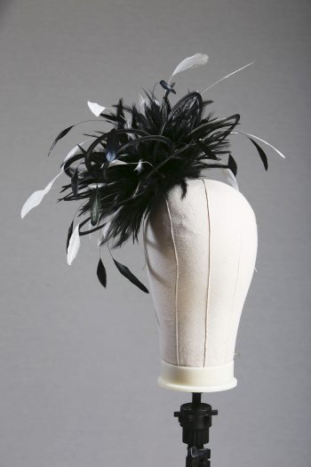 Ladies formal black and white medium feather and satin loop fascinator hat. Suitable for a wedding or ladies day at the races