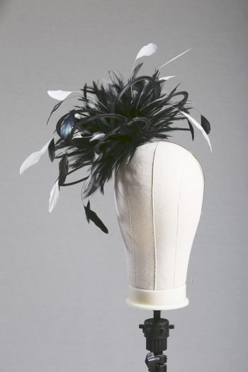 Ladies formal black and white medium feather and satin loop fascinator hat. Suitable for a wedding or ladies day at the races