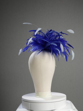 Ladies' formal royal blue and baby blue medium feather and satin loop fascinator hat. Suitable for a wedding or ladies' day at the races