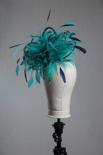 Ladies' formal Turquoise and Navy Blue medium feather and satin loop fascinator hat. Suitable for a wedding or ladies' day at the races