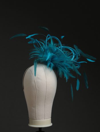 Ladies' formal Turquoise and Teal medium feather and satin loop fascinator hat. Suitable for a wedding or ladies' day at the races