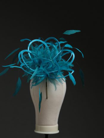 Ladies' formal Turquoise and Teal medium feather and satin loop fascinator hat. Suitable for a wedding or ladies' day at the races