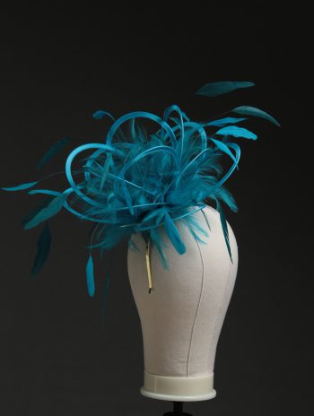 Ladies' formal Turquoise and Teal medium feather and satin loop fascinator hat. Suitable for a wedding or ladies' day at the races