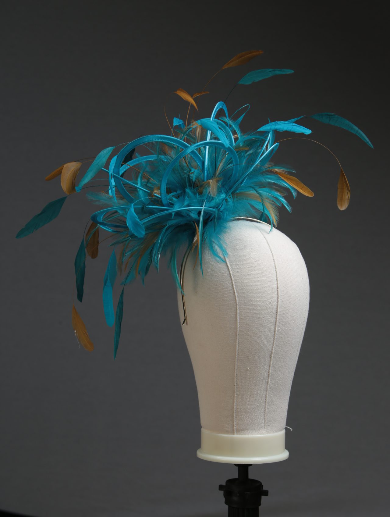 Ladies' formal Turquoise and Gold medium feather and satin loop fascinator hat. Suitable for a wedding or ladies' day at the races