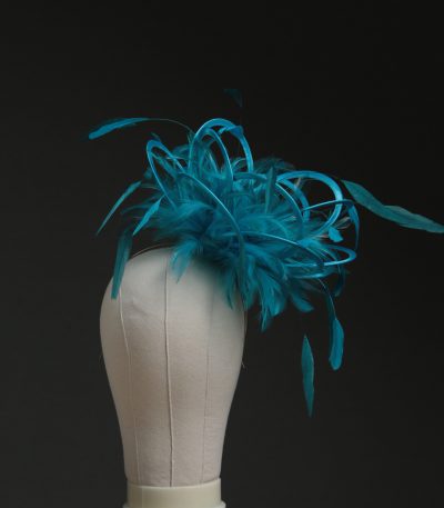 Ladies' formal Turquoise and Teal medium feather and satin loop fascinator hat. Suitable for a wedding or ladies' day at the races